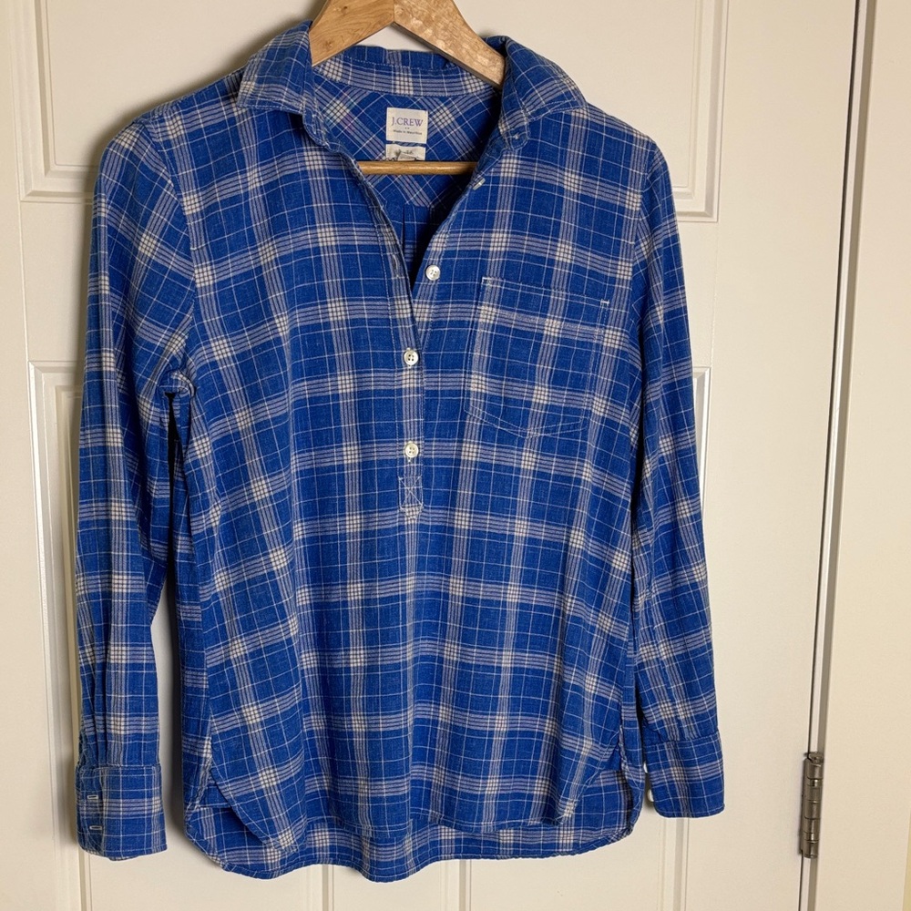 J. Crew Women’s Blue & White Plaid Button Popover Cotton Shirt